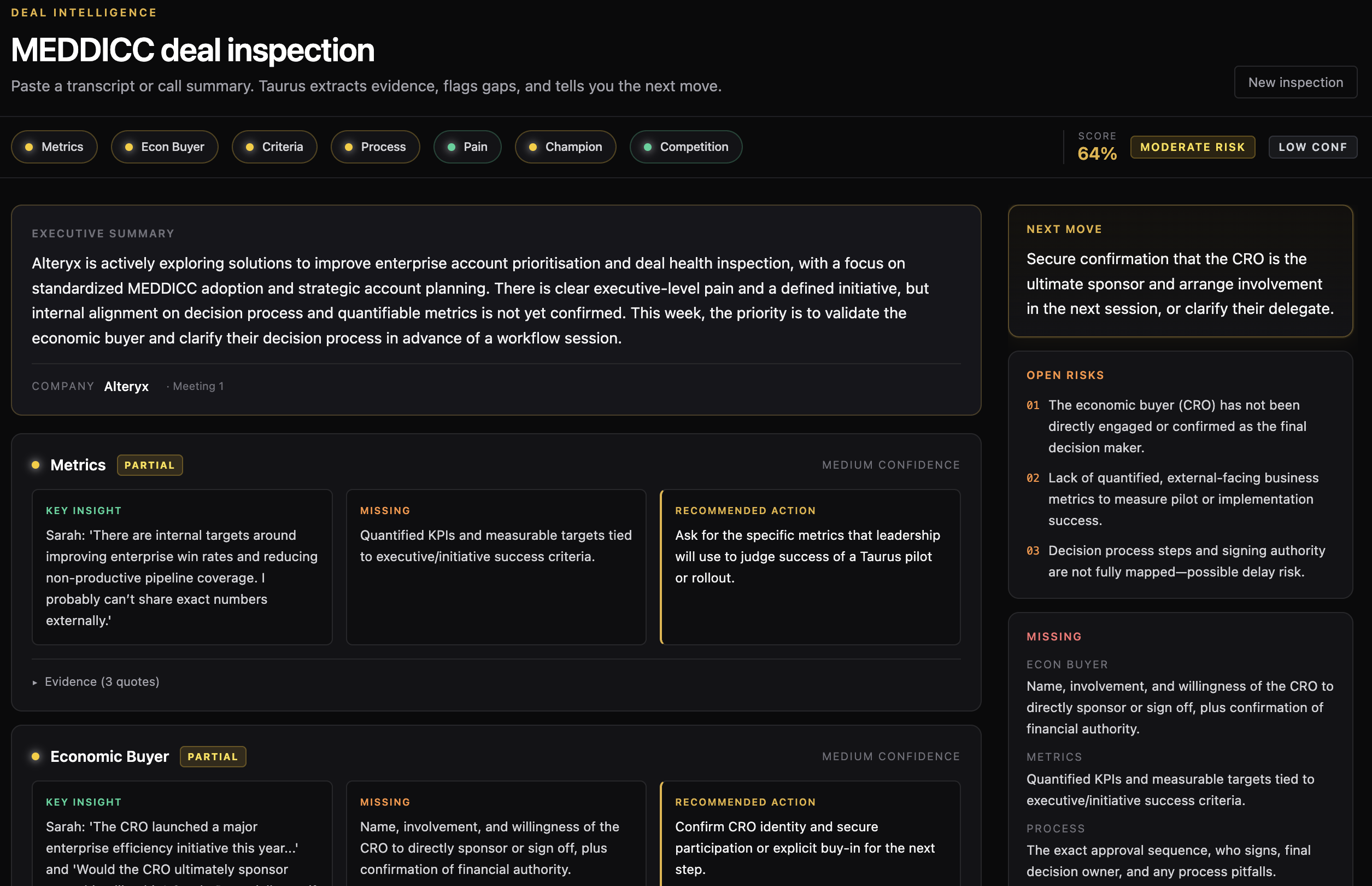 Taurus MEDDICC deal inspection screenshot